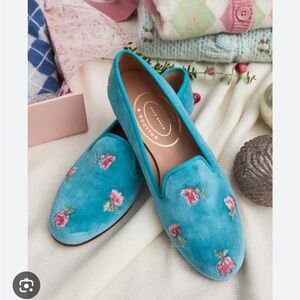 Loveshackfancy x Stubbs and Wootton rose slipper in turquoise blue velvet